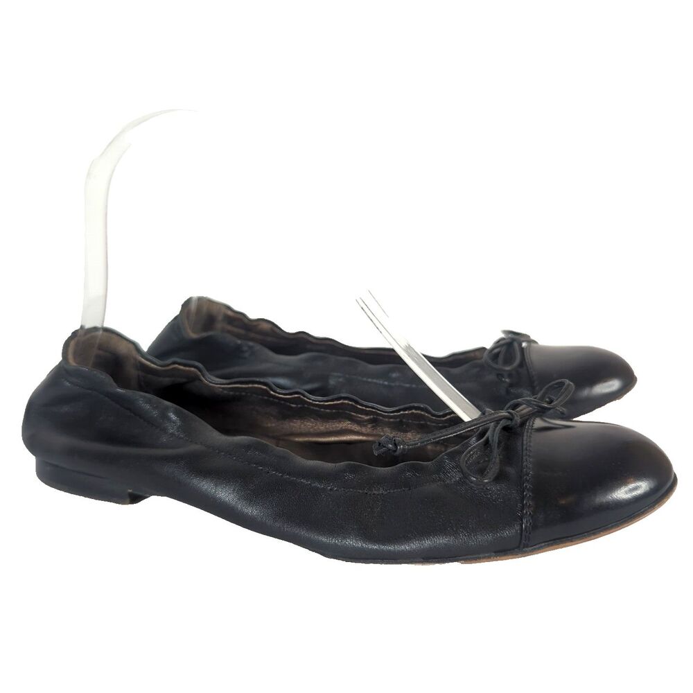 AGL Black Leather Ballet Flat Cap Toe Women Size 37.5 US 7 Bow Elastic Italy